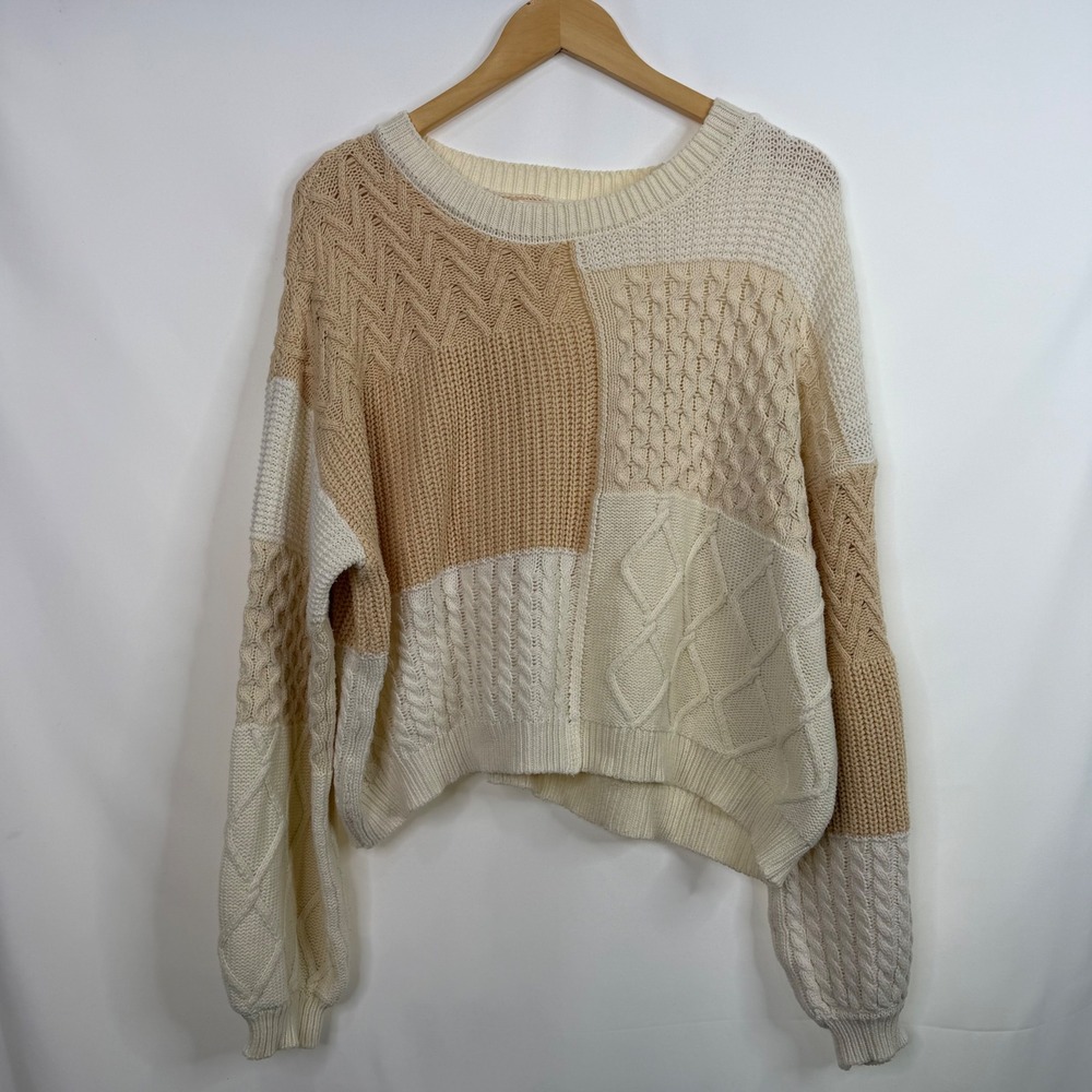 By Together Patchwork Cable Knit Sweater Womens L… - image 3